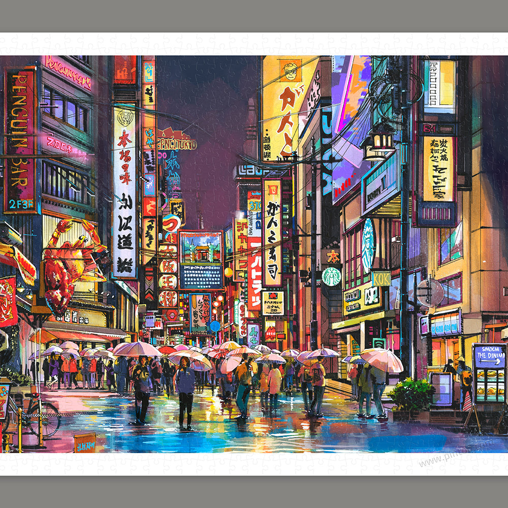 Neon Flashes on a Rainy Night - 1000 Piece Jigsaw Puzzle